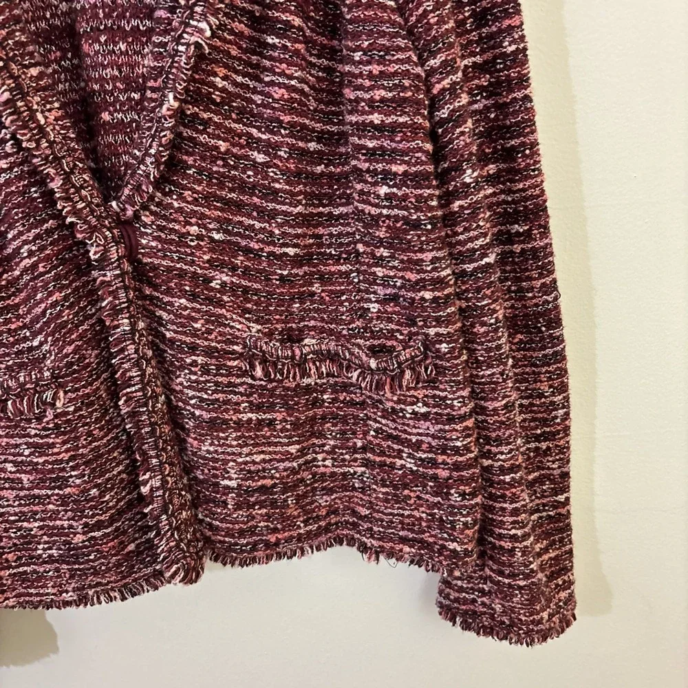Chicos Size 3 Tweed Blazer Fringe Knit Maroon Winter Career‎ Professional Cotton
